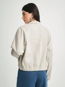 Daynim 女式休闲通勤插肩袖浅米色牛仔夹克 - 米色 - 查看 2