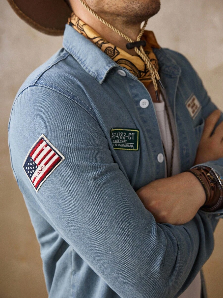 Manfinity Homme Camisa vaquera azul desgastada de corte slim, estilo urbano, para primavera, verano y otoño - Lavado ligero - Ver 1