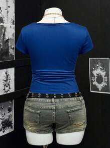 Sweetra 大码女式短袖数码印花翼形抽象半开领T恤 复古图案T恤 女式复古T恤 女式蓝色T恤 女式上衣 - 藍色 - 查看 2