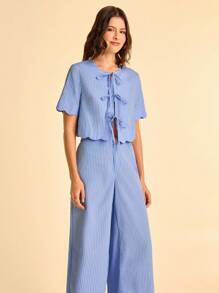 CAJUNI Women's Boho Vacation Casual Beach Hawaiian Cropped Straight Wavy Hem And Cuff Blouse