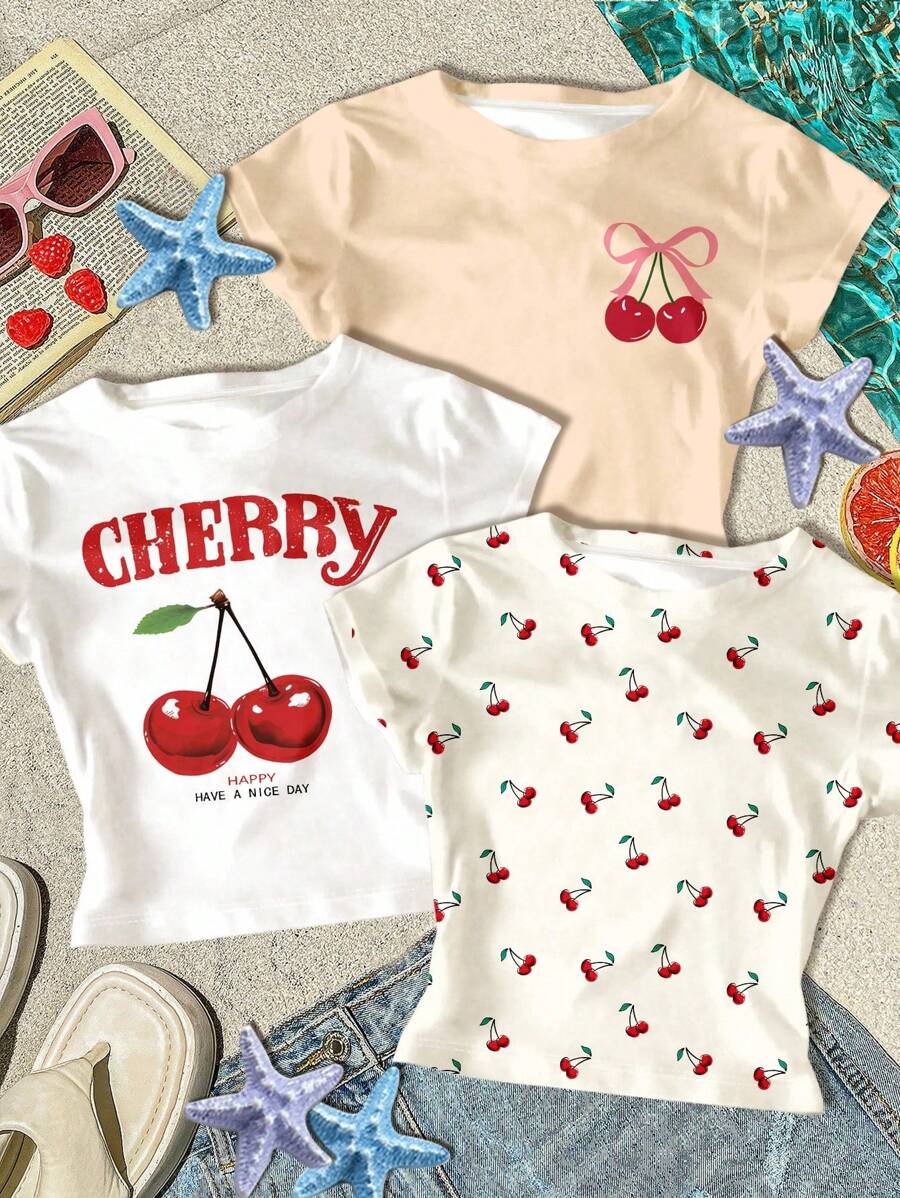 3 件套休闲度假，度假氛围，复古迷你樱桃海滩印花，多巴胺颜色，奶油黄色，奶油白色，青少年女孩休闲修身圆领短袖高腰短款常规 T 恤，适合夏季 - 彩色 - 查看 1