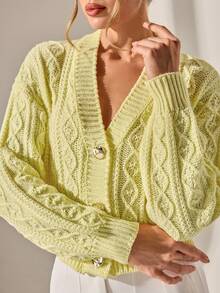 CLARA VERO Deep V-Neck Cropped Cable Knit Cardigan With Ribbed Shawl Collar And Glossy Button Closure Yellow Cardigan Women Button Up Cardigan Knitted Cardigan Womens Cardigan,Cardigans,Long Cardigans Woman,Petite,Tall - Yellow - View 4