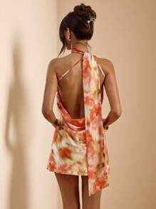 SHEIN BAE Váy ngắn hở lưng cổ bất đối xứng họa tiết hoa nhuộm tie-dye thanh lịch, váy quấn in họa tiết, váy hở lưng mùa hè gợi cảm - trái cam - Xem 2