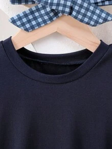 Girls Casual Chic Navy 2 In 1 Plaid Patchwork Short Sleeve T-Shirt With Tie, Slim Fit, Summer Girls Shirts Teen Girl Shirts Casual Shirts For Girls Gingham Ruffle Shirt Babydoll Tops For Girls - Black - View 3