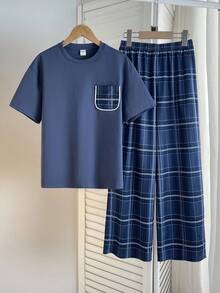 SHEIN Tween Boys' Blue Plaid Simple Silhouette Pajama Set, Casual Collegiate Comfortable Fashion Minimalist Versatile Soft Fabric Suitable For Daily Wear, School, Outings, And Home Teen Boy 2 Piece Set Boys Plaid Pajama Set Teen Boy Plaid Set Boys Matching Pajama Set 2 Piece Plaid Set Boys Pajama Set Boys Matching Set 2 Piece Plaid Outfit Boys Baby Blue - Blue - View 3