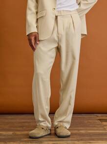 Musero 男士锥形九分褶裥西裤，翻折式系带，春夏度假休闲正装剪裁 - 杏色 - 查看 2