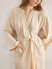 Ocili 休闲女士舒适柔软棉质网眼双层睡袍家居服睡衣，舒适保暖，秋冬款 - 卡其色 - 查看 7