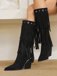 Styleloop Women's Black Patchwork Black Riding Boots, Western Style Thigh High Pointy Toe Boots - Black - View 4