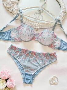 SHEIN Sheer Multicolor Embroidered Plus Size Bra And Panty Set With Floral Design, Lift