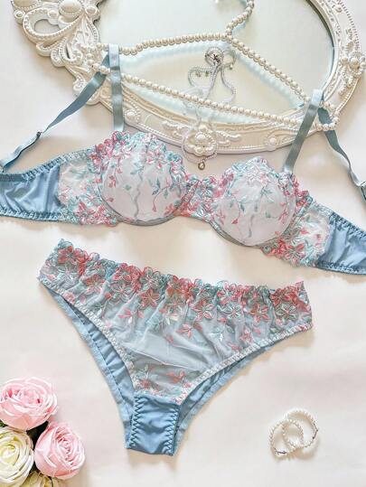 SHEIN 透明多色刺绣大码文胸内裤套装，花卉图案，提拉
