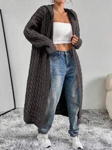 Flirla Women's Twist Cable Pattern Long Sleeve Hooded Long Cardigan, Fashionable & Versatile Fall Winter Cloth For Women - Grey - View 8