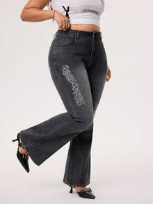 SHEIN EZwear 大码女式街头风格复古侧绣花弹力黑色喇叭牛仔裤 - 黑色 - 查看 4