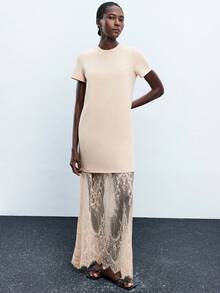 Maija Women's 2 Pieces Apricot Sexy Lace Slip Dress With Short Sleeves, Spring/Summer - Apricot - View 2