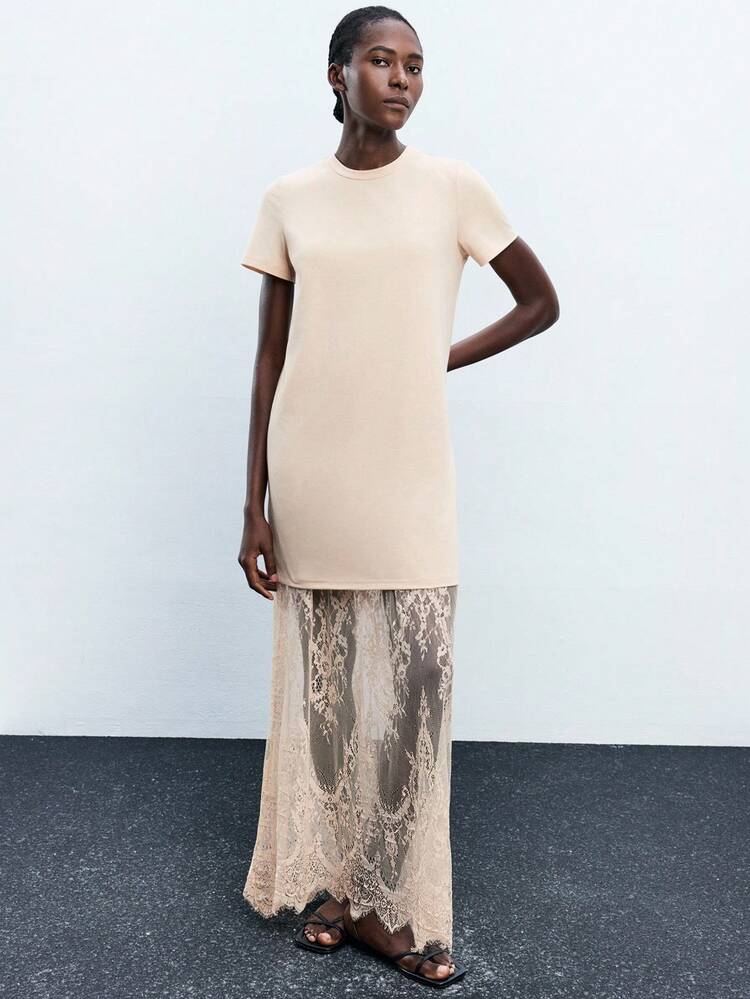 SHEIN Maija Vestido de tirantes de encaje sexy de 2 piezas en color albaricoque, para primavera/verano