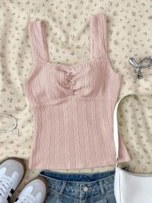SHEIN Top de camisola de textura de punto con escote en V, lazo y volantes en estilo casual de vacaciones con Estilo BM, versátil y adecuado para deportes, vuelta al colegio, estilo campus, primavera/verano, para adolescentes - Rosa - Ver 5