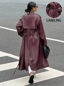 Muchica Women's Burgundy Thick PU Leather Long Sleeve Trench Coat, Autumn - Burgundy - View 1