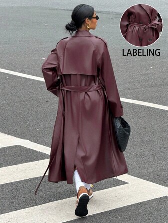 Muchica Women's Burgundy Thick PU Leather Long Sleeve Trench Coat, Autumn