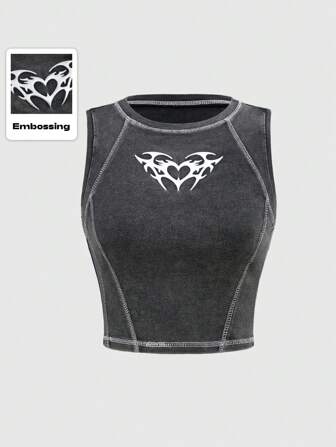 Grunge Punk Back To School Women Plus Size Punk Street Style Metal Graphic Color Block Distressed Washed Fabric Camisole Crop Top Women Graphic