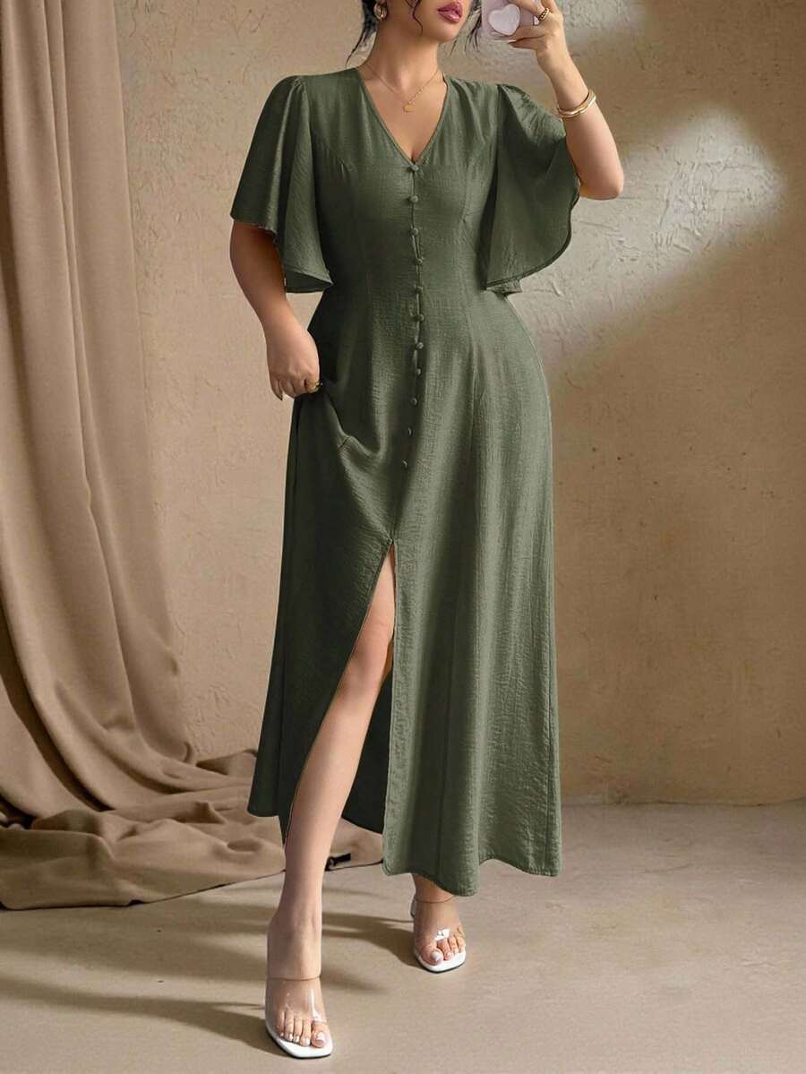 Elenzga Plus Size Women Summer Elegant Brown Tea Party Gym Vacation Wedding Guest Maxi Dress French Bohemian V-Neck Button Front A-Line Split Flared Sleeve - Army Green - View 1