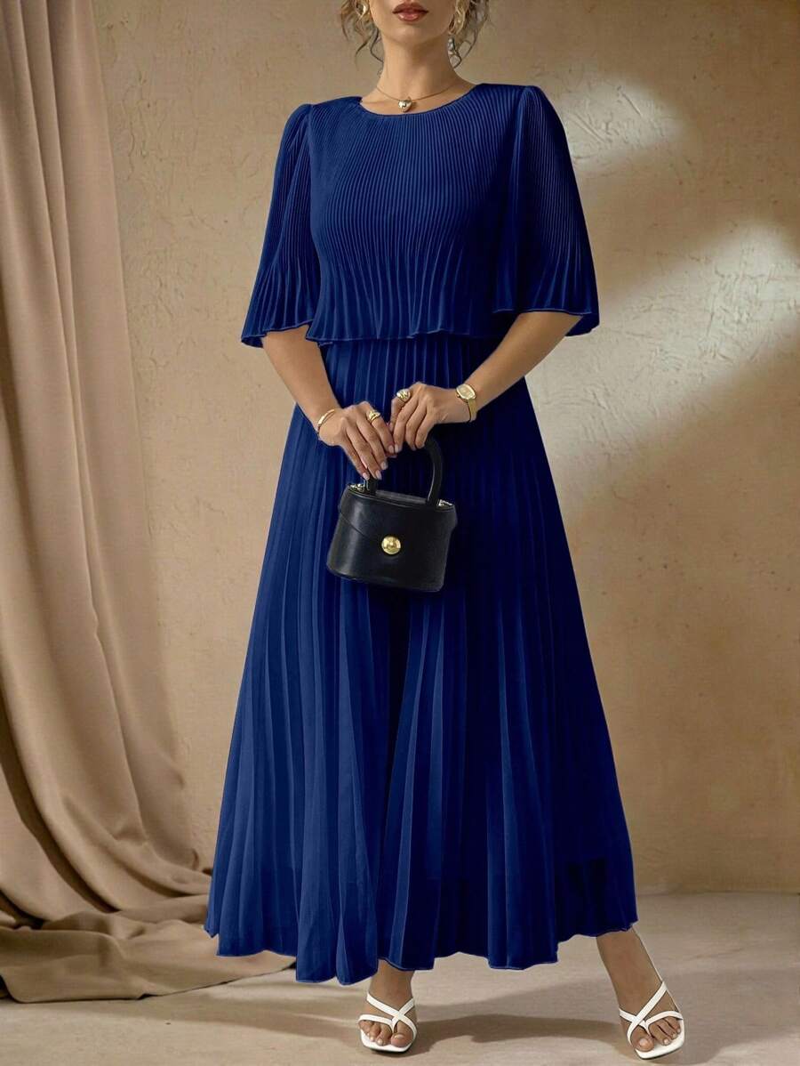 Roveilla Plus Size Elegant Lady Solid Color Pleated Chiffon Dress, Spring & Summer - Navy Blue - View 1