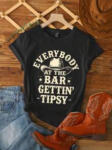 SHEIN LUNE Western Elements Letter Slogan Round Neck Short Sleeve Plus Size T-Shirt