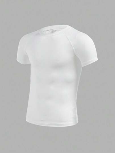 SHEIN Teen Boys' Casual Short Sleeve Sports Compression T-Shirt, Sporty Street Punk Rock Preppy Everyday Wear, Party, Music Festival, Suitable For Spring/Summer Sport White T-Shirt