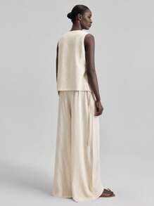 Ontre 2pc Set Women Urban Chic Casual Solid Color Vest And Pants Suit, Summer 2025 - Beige - View 3