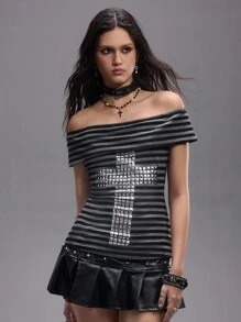 ROMWE Grunge Punk 朋克性感 Y2K 条纹铆钉十字女式 Kpop 修身 T 恤 - 黑色 - 查看 6