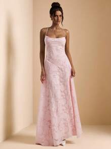 SHEIN BAE Váy maxi chữ A hở lưng màu trơn bó sát có dây mảnh dành cho nữ mùa xuân/hè, váy đi nghỉ, váy đi biển, váy dạ hội thanh lịch - Hồng - Xem 3