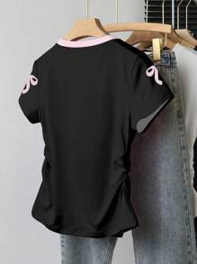 INAWLY Women's Fashionable & Versatile Waist Cinched T-Shirt, Numeric Print Design, Summer - Multicolor - View 2