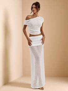 SHEIN BAE Conjunto de 2 piezas para mujer compuesto por top de encaje de red textura de ganchillo de color bliso sólido y falda larga transparente de cintura baja, adecuado para playa, vestido de verano, vestido blanco, vestido para brunch, vestido elegante - Albaricoque - Ver 4
