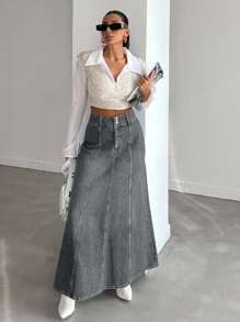 EURMUSE Casual Washed High Waist Long Denim Skirt - Light Grey - View 5