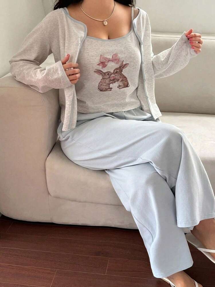 Dazy Plus 3pcs/Set Contrast Color Cute Rabbit Print Camisole Top & Robe & Solid Color Pants Plus Size Women Pajama Set, Fall Winter Clothes