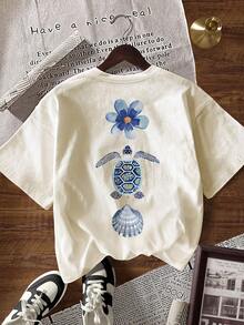 INAWLY 女士花卉海龟印花休闲圆领短袖T恤，夏季 - 杏色 - 查看 6