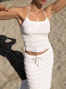 Swim Chiccia Damtopp med rynkad spetskant, söt insida, viral, knytband, överdragstopp, avslappnad vår- och sommarklänning, strandfest, rygglös, knytbar, elfenbensvit - Beige - Visa 1