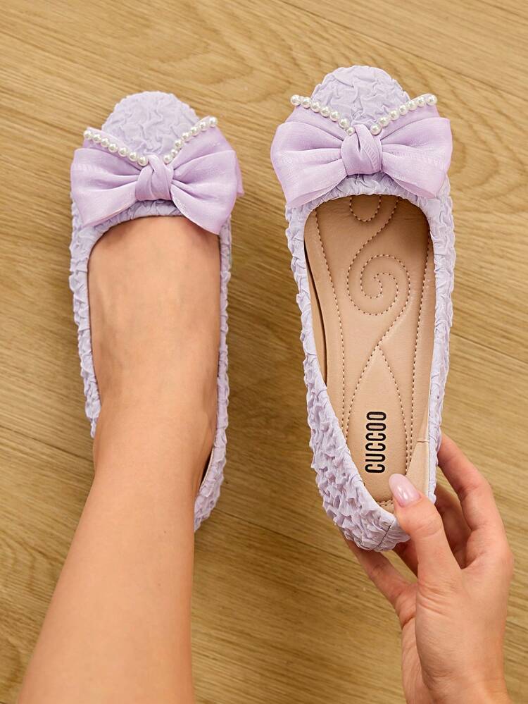 CUCCOO HITCHD Women's White Faux Pearl Bow Round Toe Flats, Elegant For Commute, Valentine's Day, Wedding, Bridesmaid, Party Elegant Shoes Wedding Shoes Summer Shoes Bride Shoes