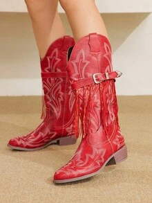 Styleloop Western Style Studded Buckle Design Women's Mid-Calf Riding Boots, Suitable For Halloween, Christmas, Party - Red - View 3