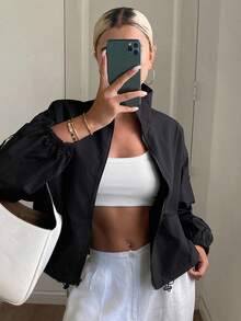 DAZY 女式纯色宽松高领抽绳休闲街头夹克，秋冬 - 黑色 - 查看 3