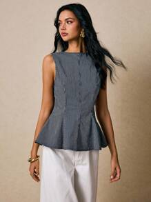 Poéselle Women Elegant Round Neck Peplum Sleeveless Denim Top - Dark Wash - View 6