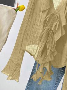 INAWLY French V-Neck Pleated Ruffle Tie Blouse Fall Cloth For Women - Khaki - View 7