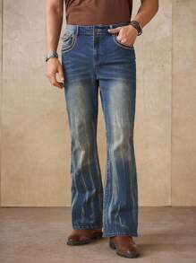 Manfinity Homme Vintage Washed Blue Denim Jeans With Embroidery, Casual American Style, Suitable For All Seasons - Blue - View 1