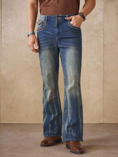 Manfinity Homme Vintage Washed Blue Denim Jeans With Embroidery, Casual American Style, Suitable For All Seasons