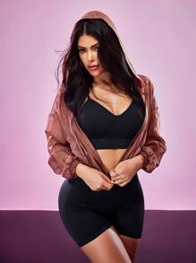 SHEIN Sports 女式纯色落肩透视休闲短款拉链运动夹克 - 棕色 - 查看 6