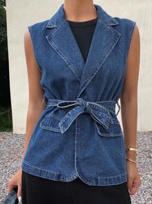 DAZY 女式V领系腰无袖牛仔衬衫 - 藍色 - 查看 3