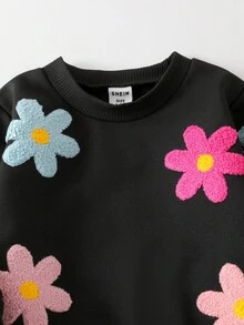 女婴可爱卡通花卉刺绣长袖卫衣裤套装（2件套），女婴春秋季花朵套装，女婴两件套服装，花朵两件套，女婴休闲套装，女婴长袖长裤套装，女婴秋冬季休闲套装 - 黑色 - 查看 6