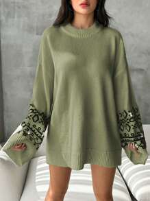EURMUSE Women's Autumn Winter Casual Geometric Pattern Beaded Decorative Sweater - Olive Green - View 6