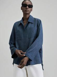 Ontre 2025 New Women's Clothing, Autumn/Winter Apparel, All Season Wear, Winter Outfits, Back To School Looks For Women, Halloween & Christmas Outfits, Women's Teacher Attire, Casual Outings, Night Out Dresses, Wedding Guest Formal Wear, Elegant Wedding Guest Dresses, Church Attire For Women, Business Casual, Women's Business Casual Wear, Versatile Basics, Blouses, Chest Pocket Long Sleeve Shirt Collar Jacket, Women's Shirts,Fall Tops - Medium Wash - View 2