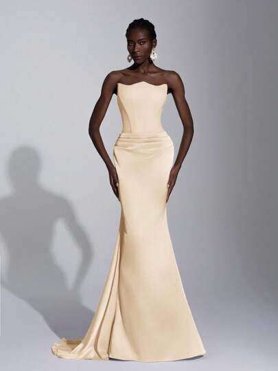 SHEIN Belle Elegant Strapless Asymmetric Neckline Ruched Waist Gloss Satin Fishtail Maxi Dress With Train, For Occasion, Wedding, Party, Vacation, Formal, Gown, For Evening, Wedding Guest