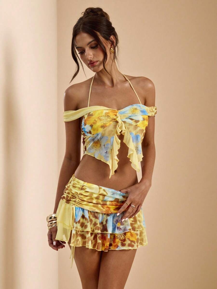 SHEIN BAE 1 Set Solid Color Floral & Leopard Print Off Shoulder Twist Neck Ruffle Top & Low Waist Ruffle Hem Skirt, Beach Resort Summer Sunshine Vacation 2 Pieces Set, Lovely Dress