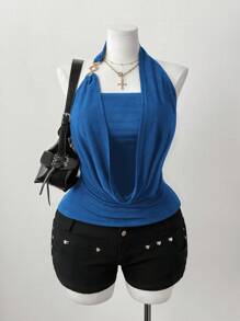 Flirla Áo thun nữ cổ tròn hở lưng co giãn thanh lịch cho kỳ nghỉ hè - Màu xanh lam - Xem 4